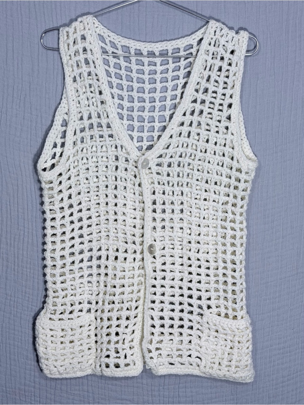 🤍 Handmade White Crochet Open Knit Button Vest Small Boho